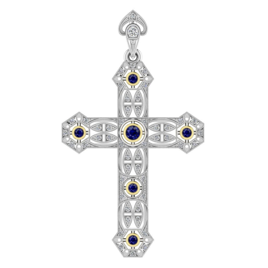 Cross Pendant with diamonds and yellow gold Blue Sapphire Bezels