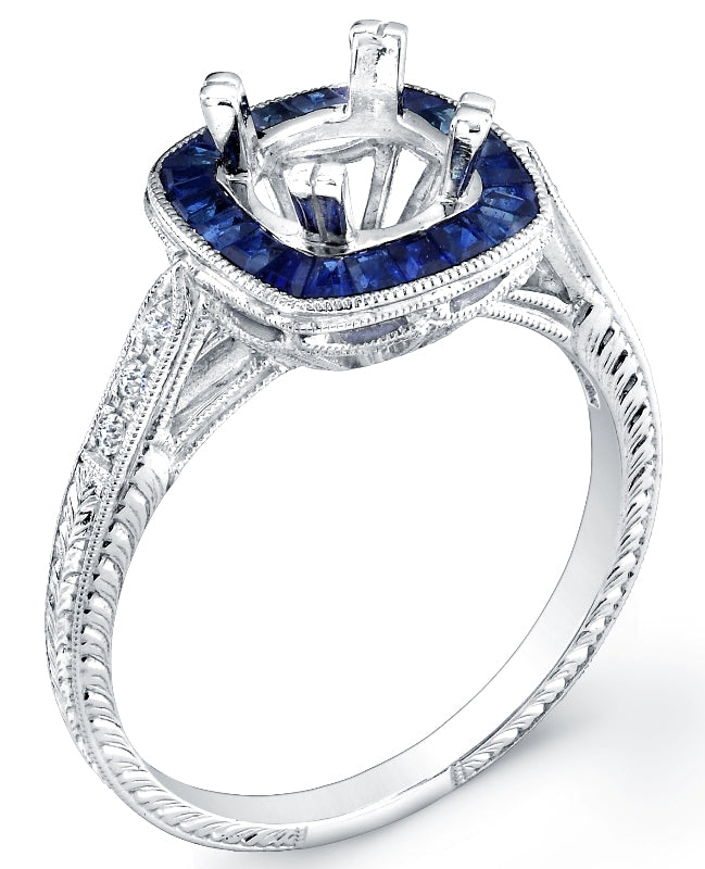 Custom Cut Blue Sapphire and Diamond Engagement Ring by Jolie Designs