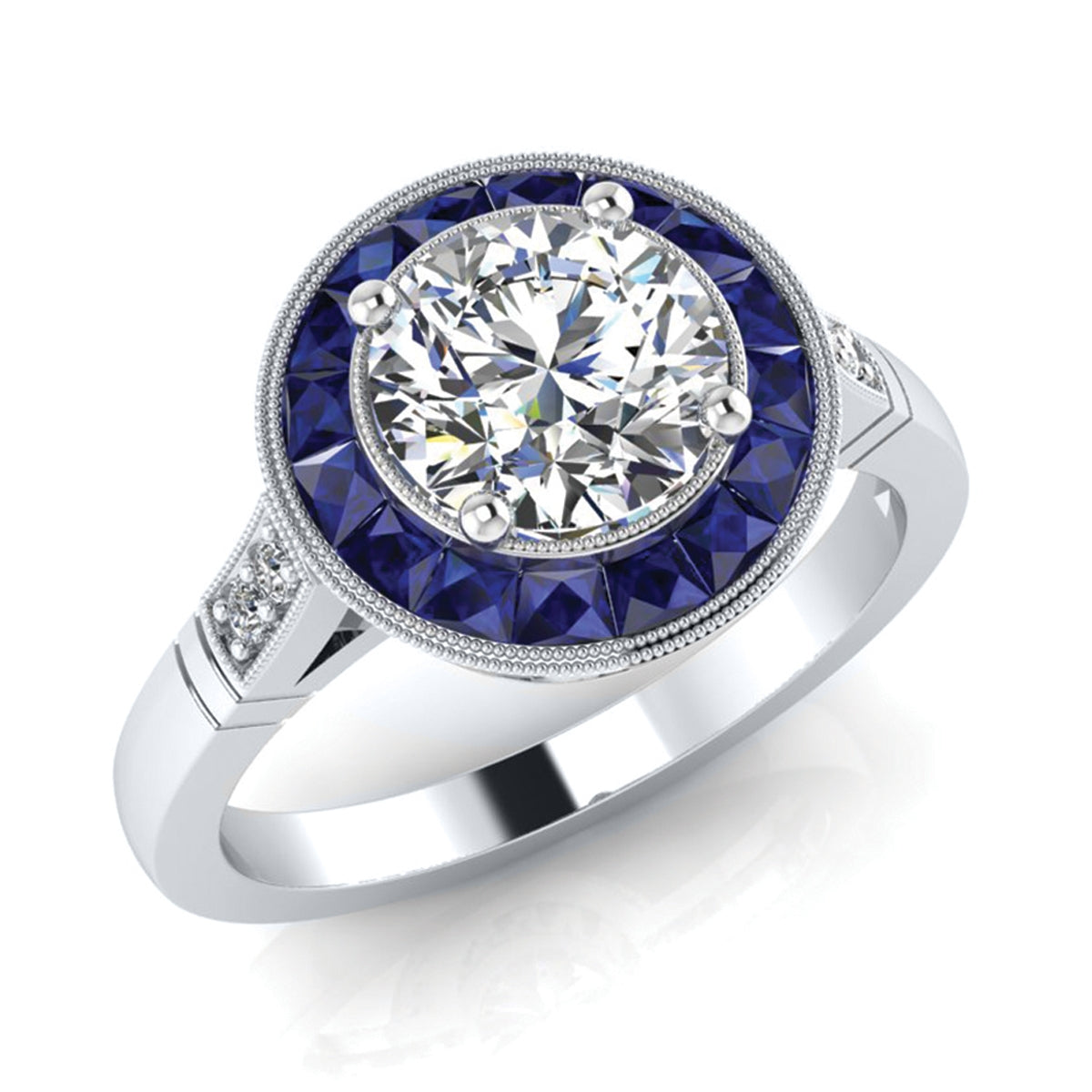 Modern Circular French Cut Blue Sapphire and Diamond Engagement Ring by Jolie Designs