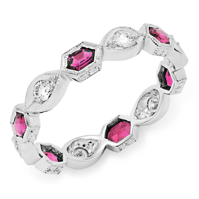 Diamond and Custom Cut Hexagonal Pink Tourmaline Stackable Ring by Jolie Designs