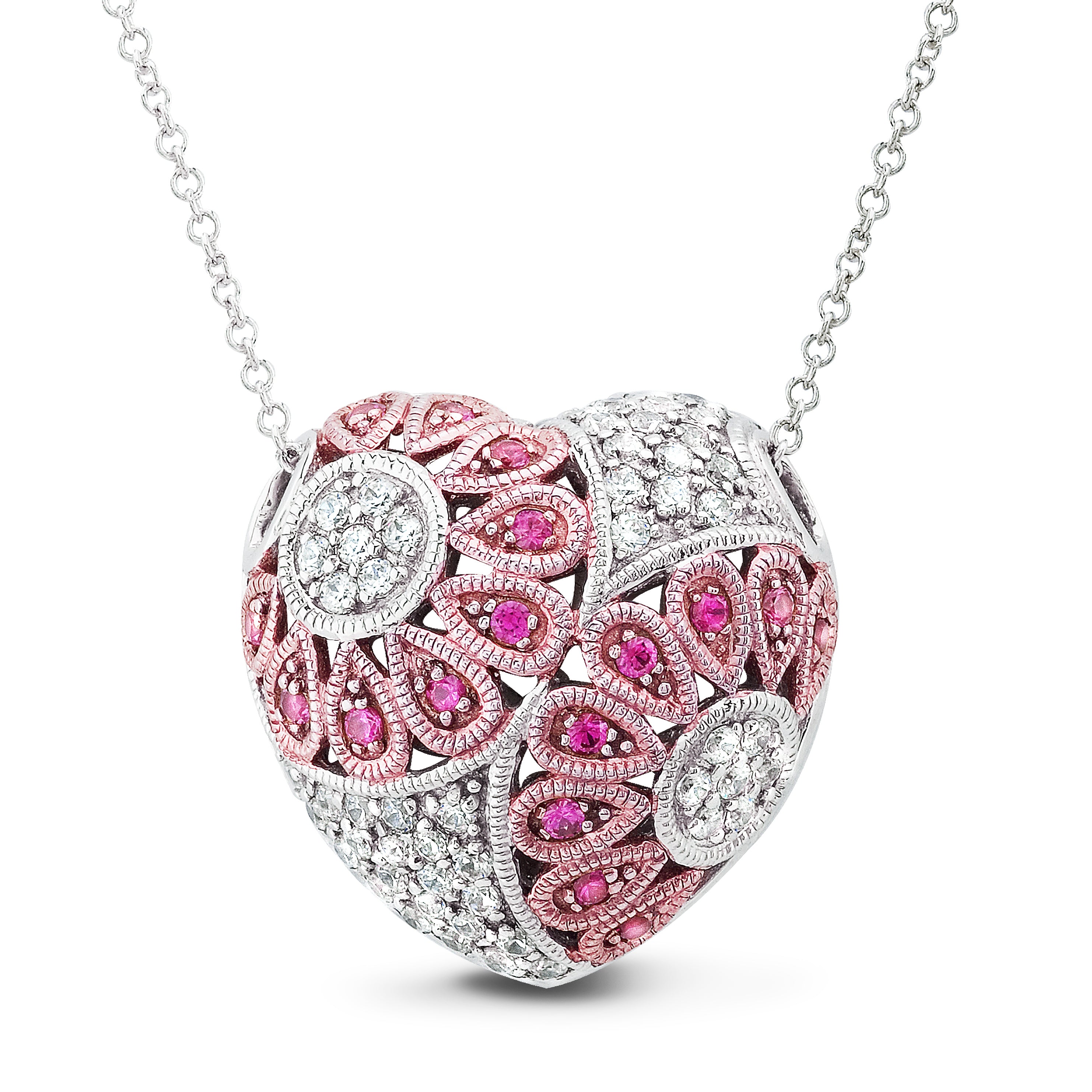 Two-Tone Heart Pendant with Diamonds, Rubies, and Milgrain by Jolie Designs