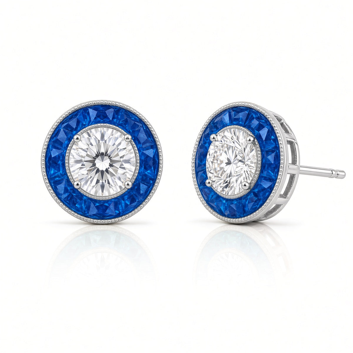 Custom Cut Sapphire Halo Post Earrings by Jolie Designs