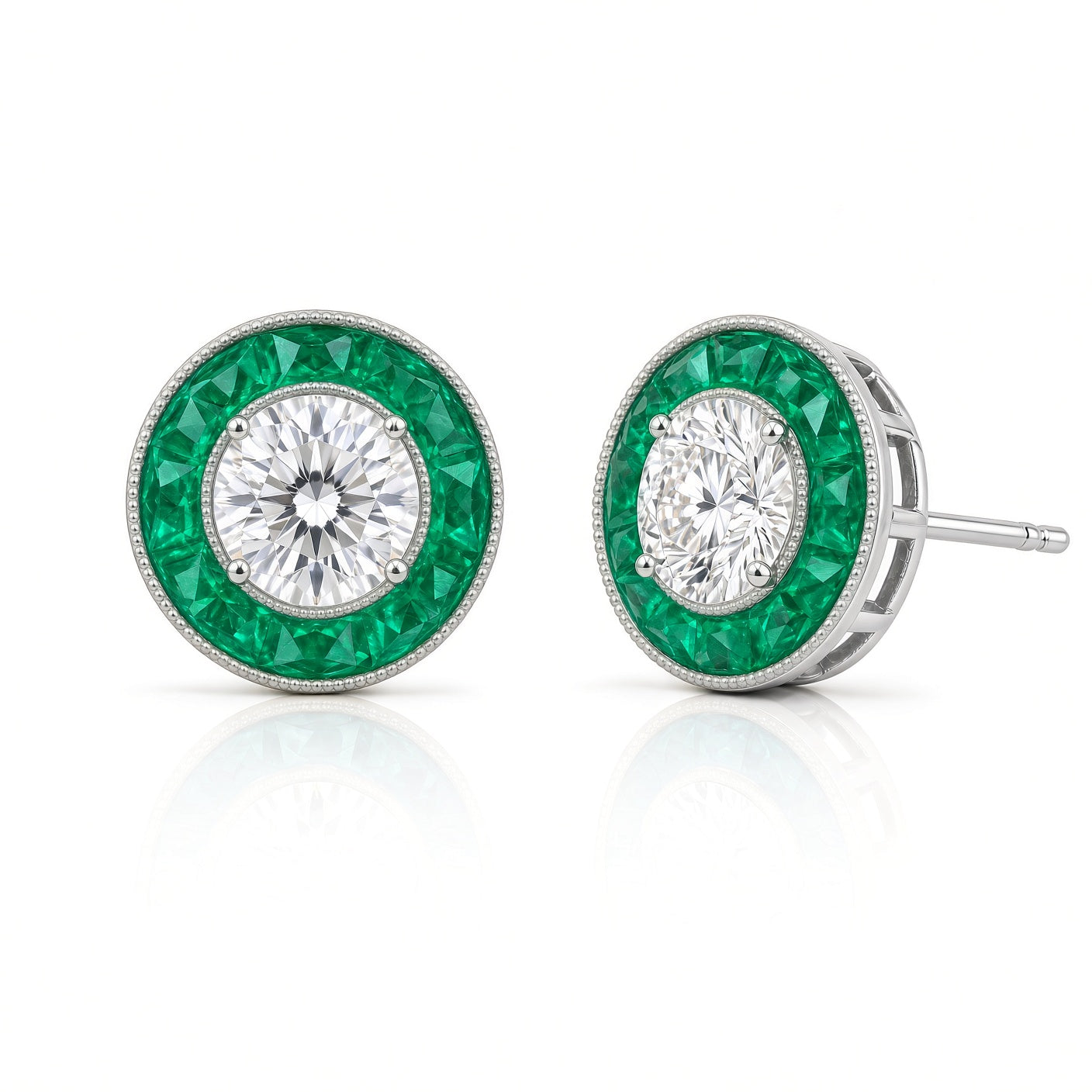 Custom Cut Emerald Halo Post Earrings by Jolie Designs