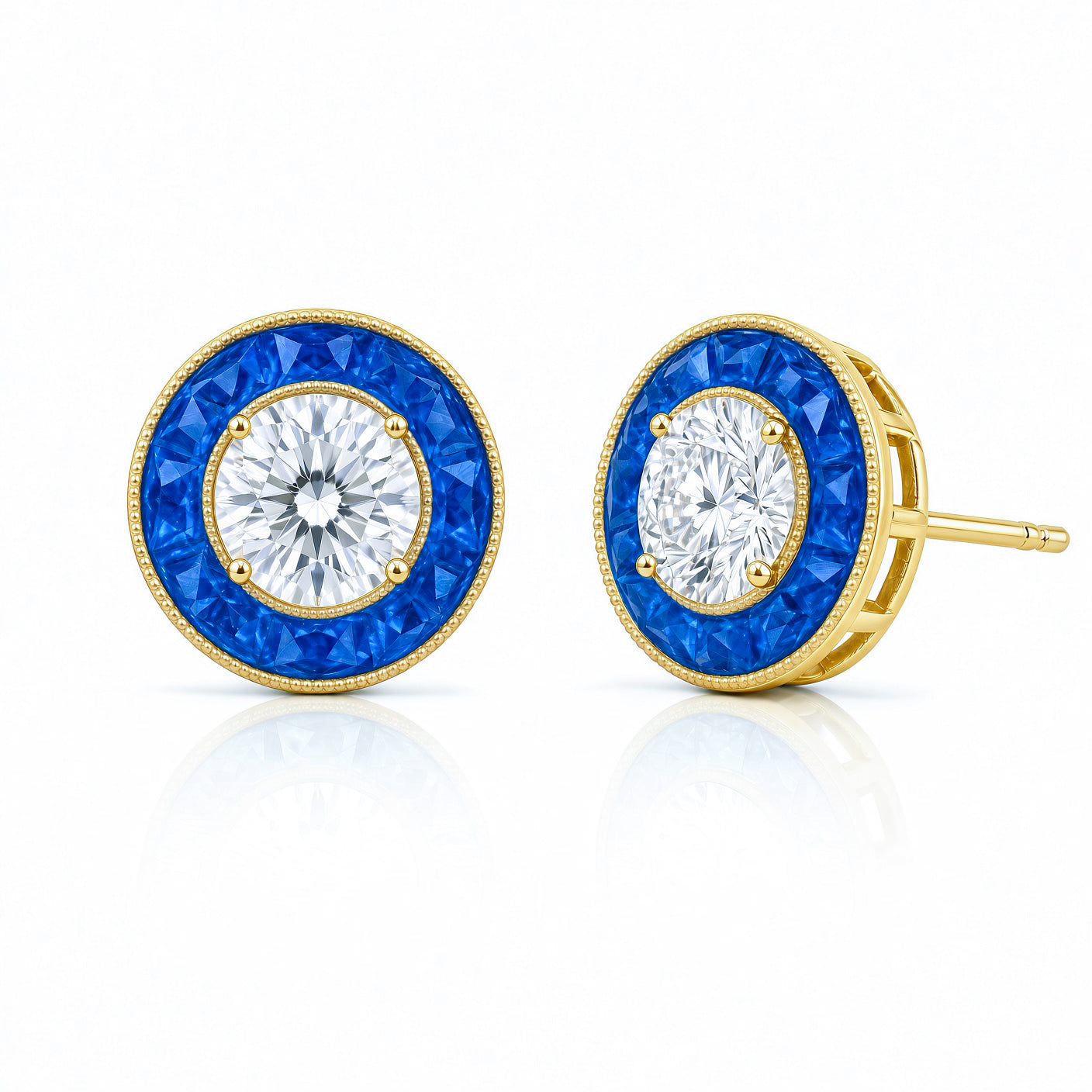 Custom Cut Sapphire Halo Post Earrings by Jolie Designs