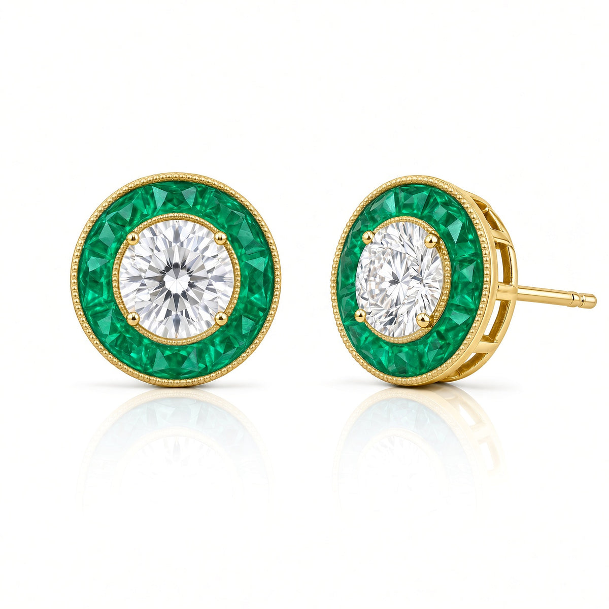 Custom Cut Emerald Halo Post Earrings by Jolie Designs