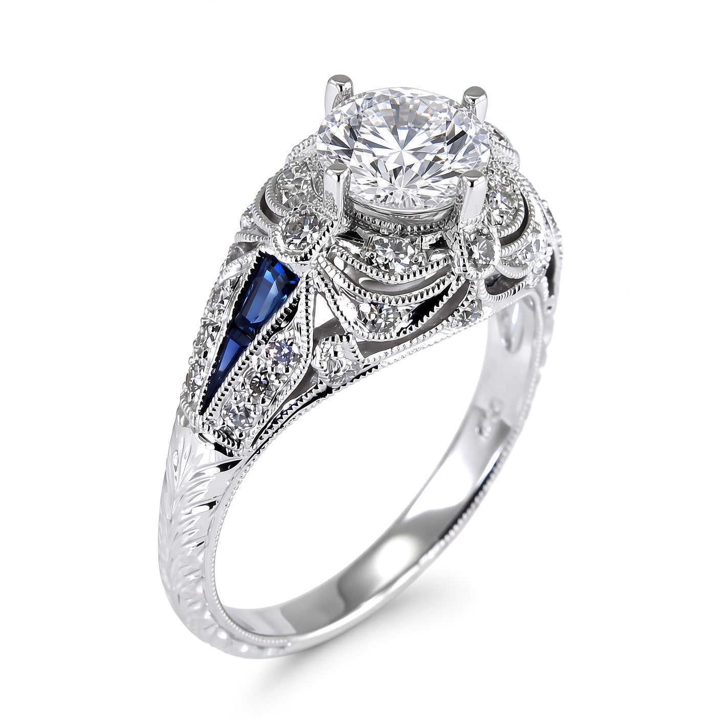 Gordon Clark Antique Diamond and Custom Cut Blue Sapphire Engagement Ring