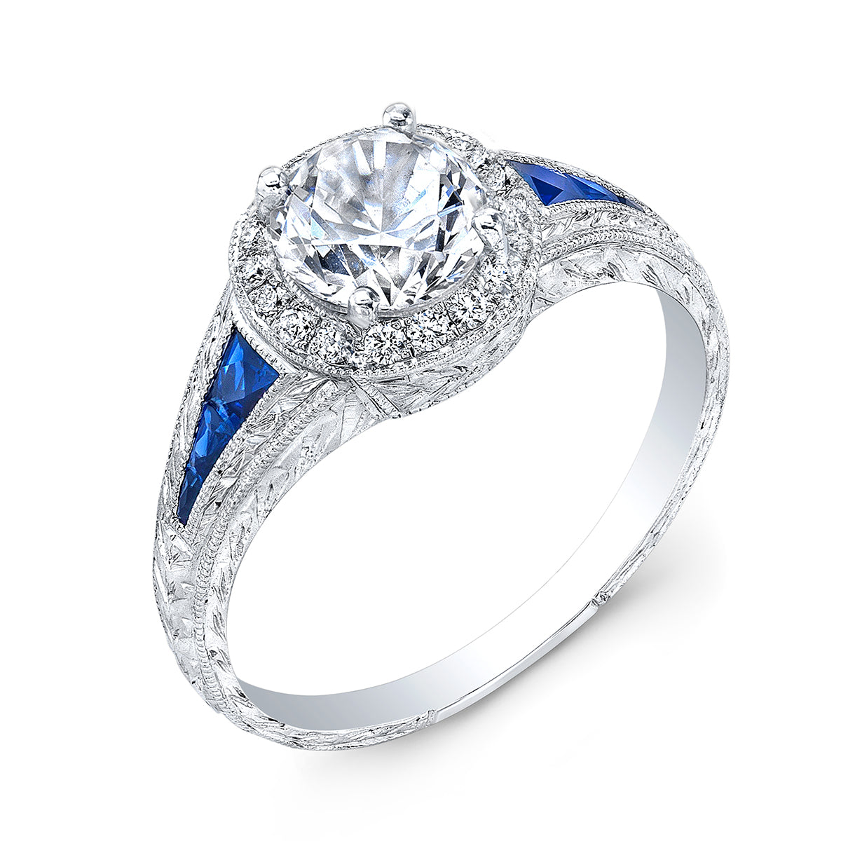 Engraved Antique Style Diamond and Blue Sapphire Halo Engagement Ring by Jolie Designs