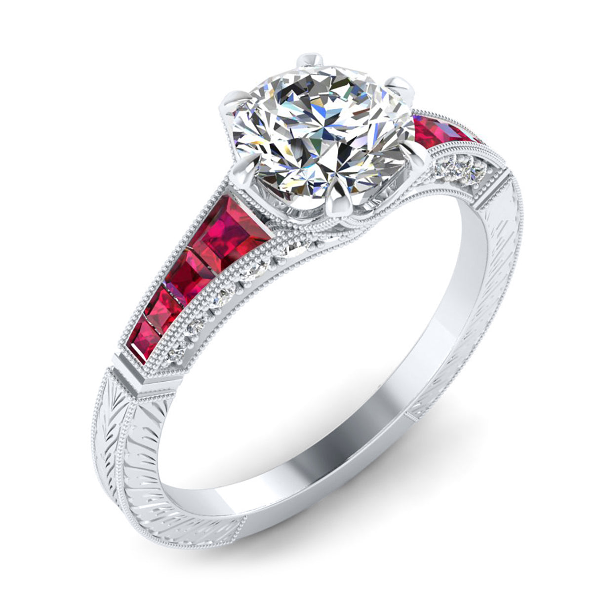 Hand Engraved Diamond and Ruby Semi Mount Ring by Jolie Designs