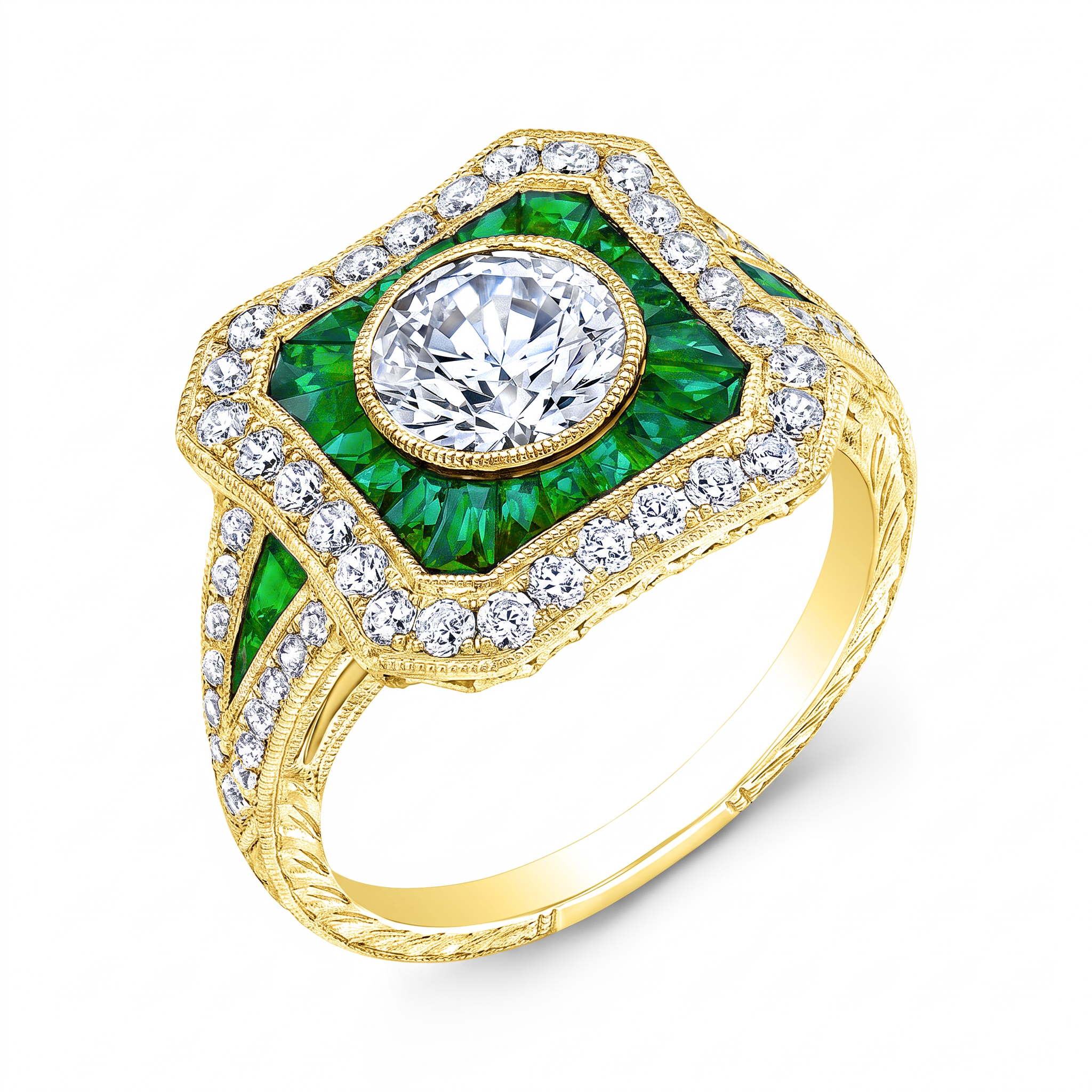 Hand Engraved Diamond and Emerald Bezel Set Ring by Jolie Designs