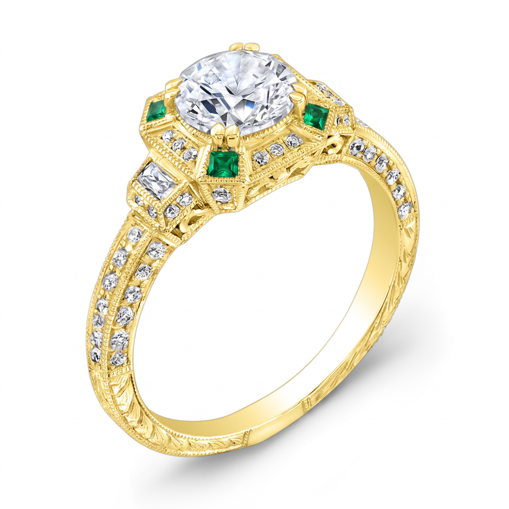 Art Deco Style Diamond and Emerald Engagement Ring by Jolie Designs