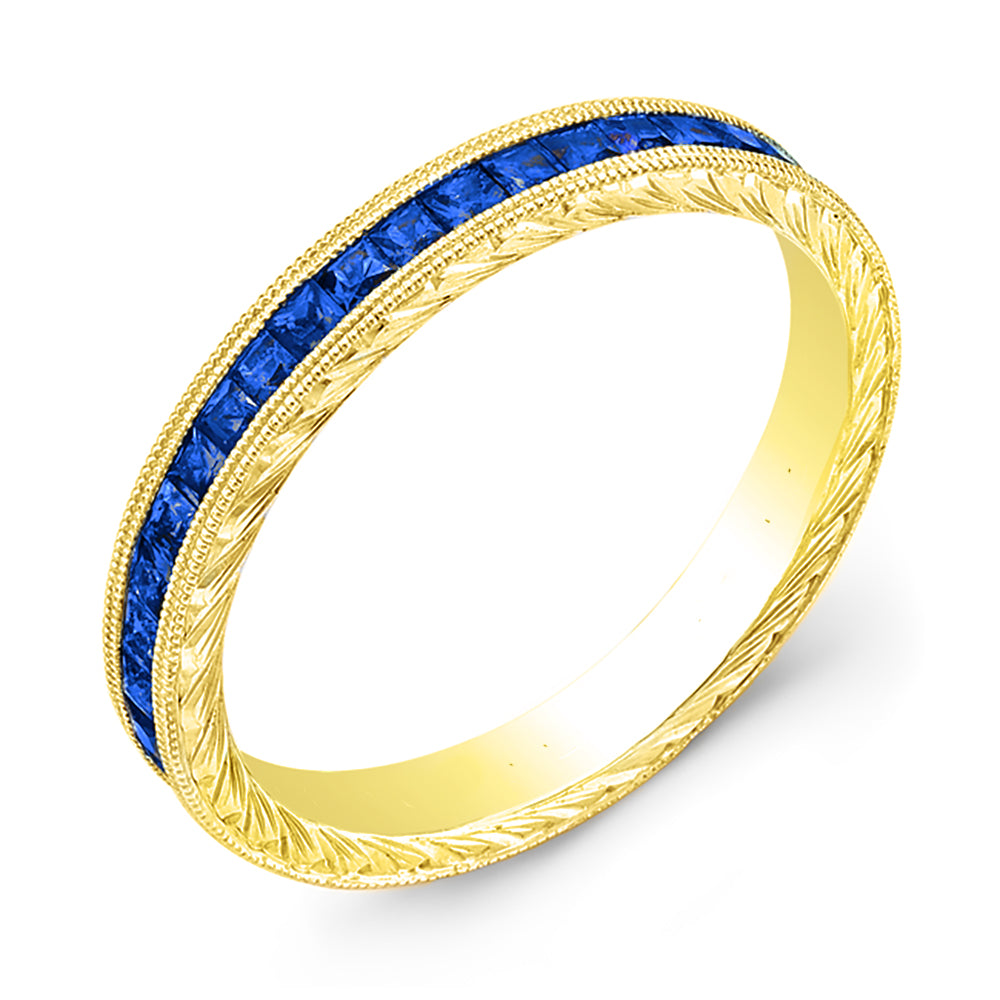 Hand Engraved Princess Cut Blue Sapphire Half Way Channel Set Ring by Jolie Designs