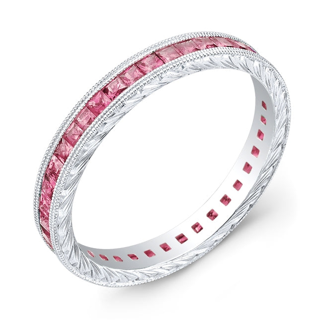 Hand Engraved Gold Ring with Princess Cut Pink Sapphires by Jolie Designs