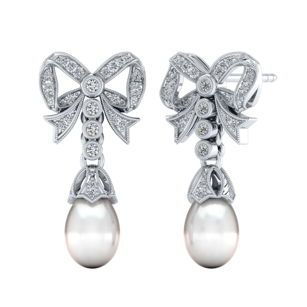 Diamond Bows and Pearl Post Earrings in 18k Rose Gold | Jolie Designs