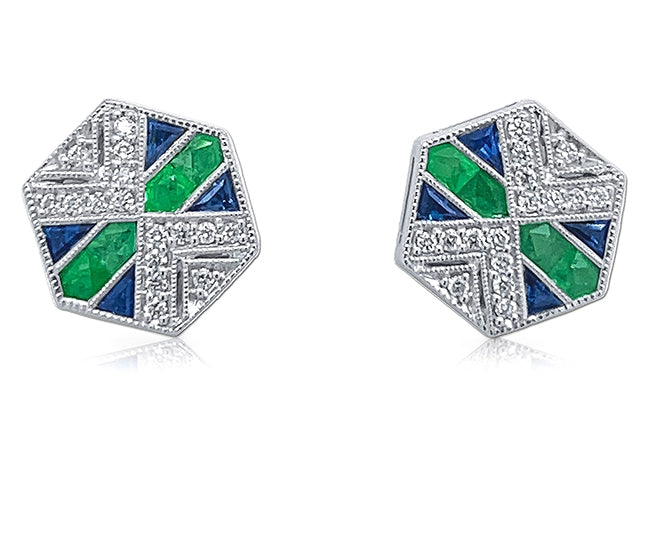Art Deco Custom Cut Sapphire and Emerald Stud Earrings by Jolie Designs