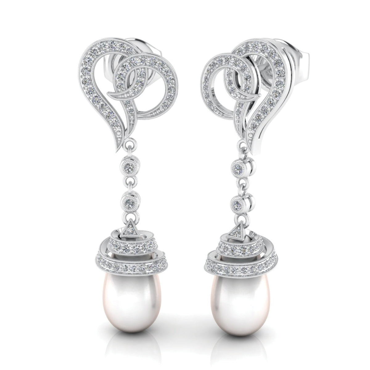 Diamond Abstract Heart Shape and Pearl Drop Earrings by Jolie Designs