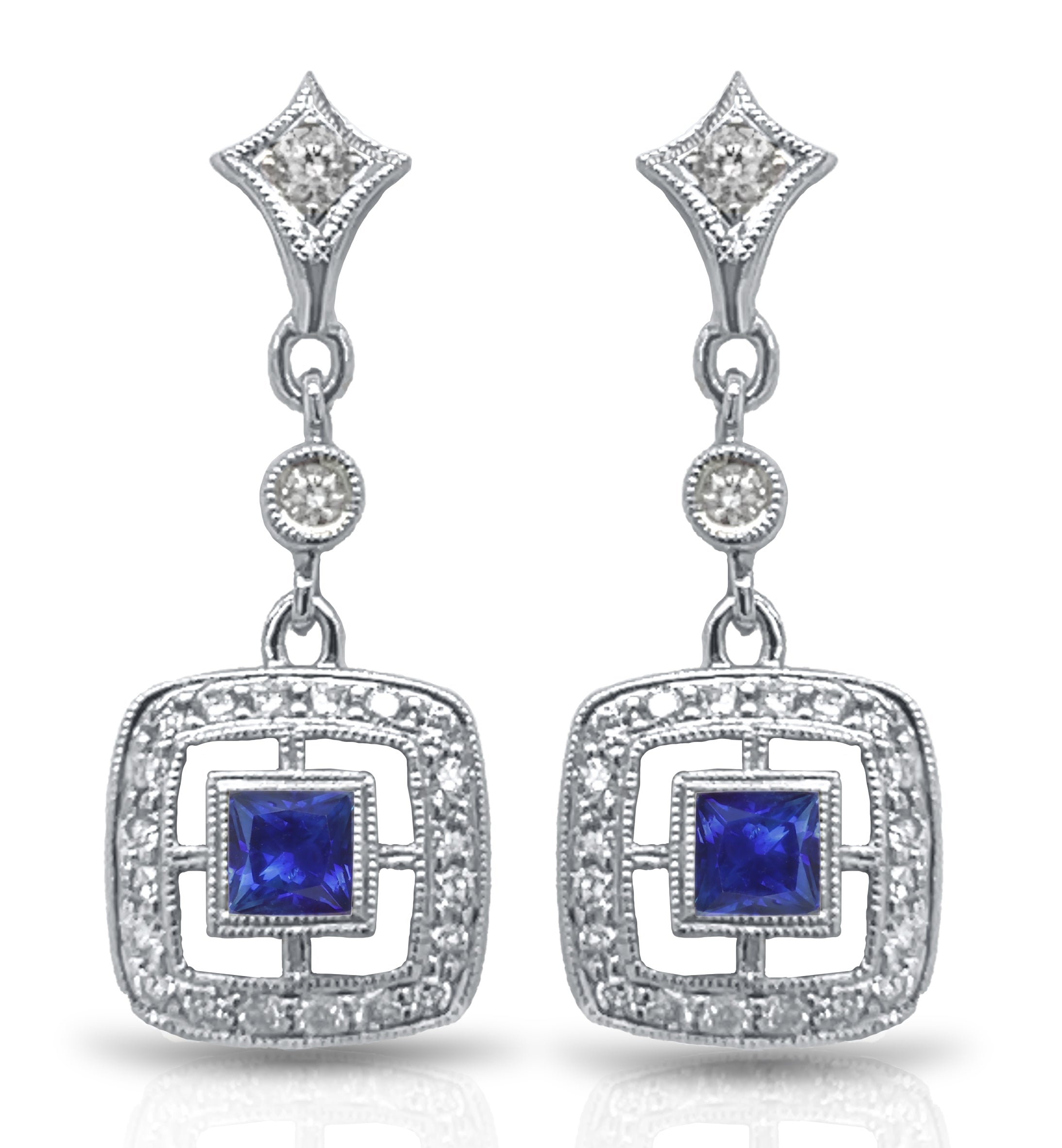 Cushion Halo Blue Sapphire and Diamond Dangle Earrings by Jolie Designs