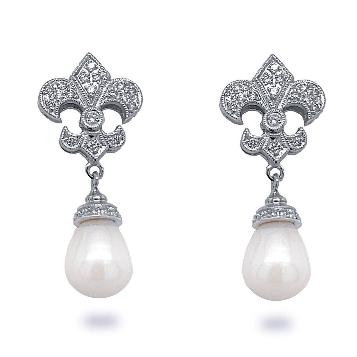 Diamond Fleur De Lis and Pearl Drop Post Dangle Earrings by Jolie Designs