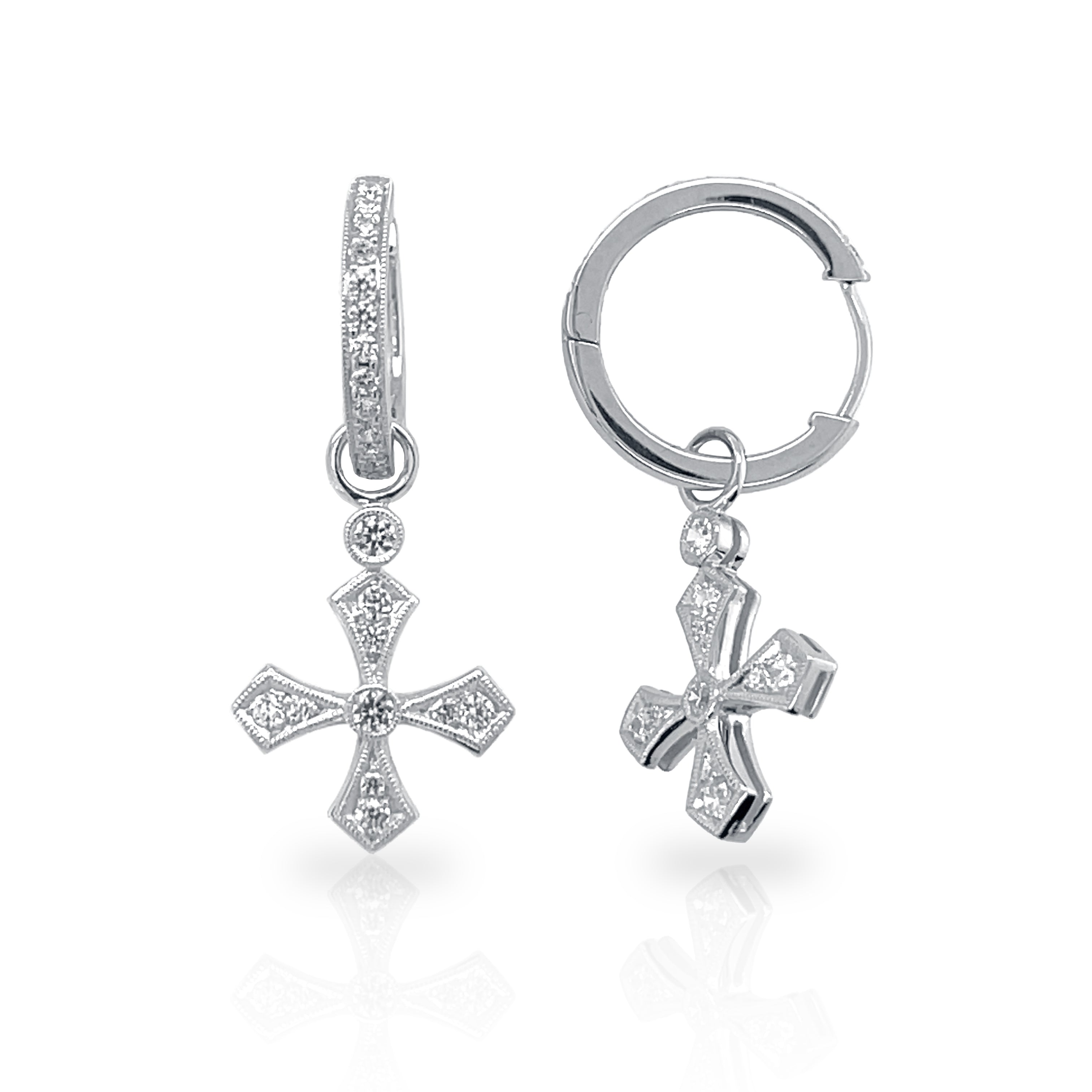 Diamond Huggie Earrings with Dangle Diamond Crosses by Jolie Designs