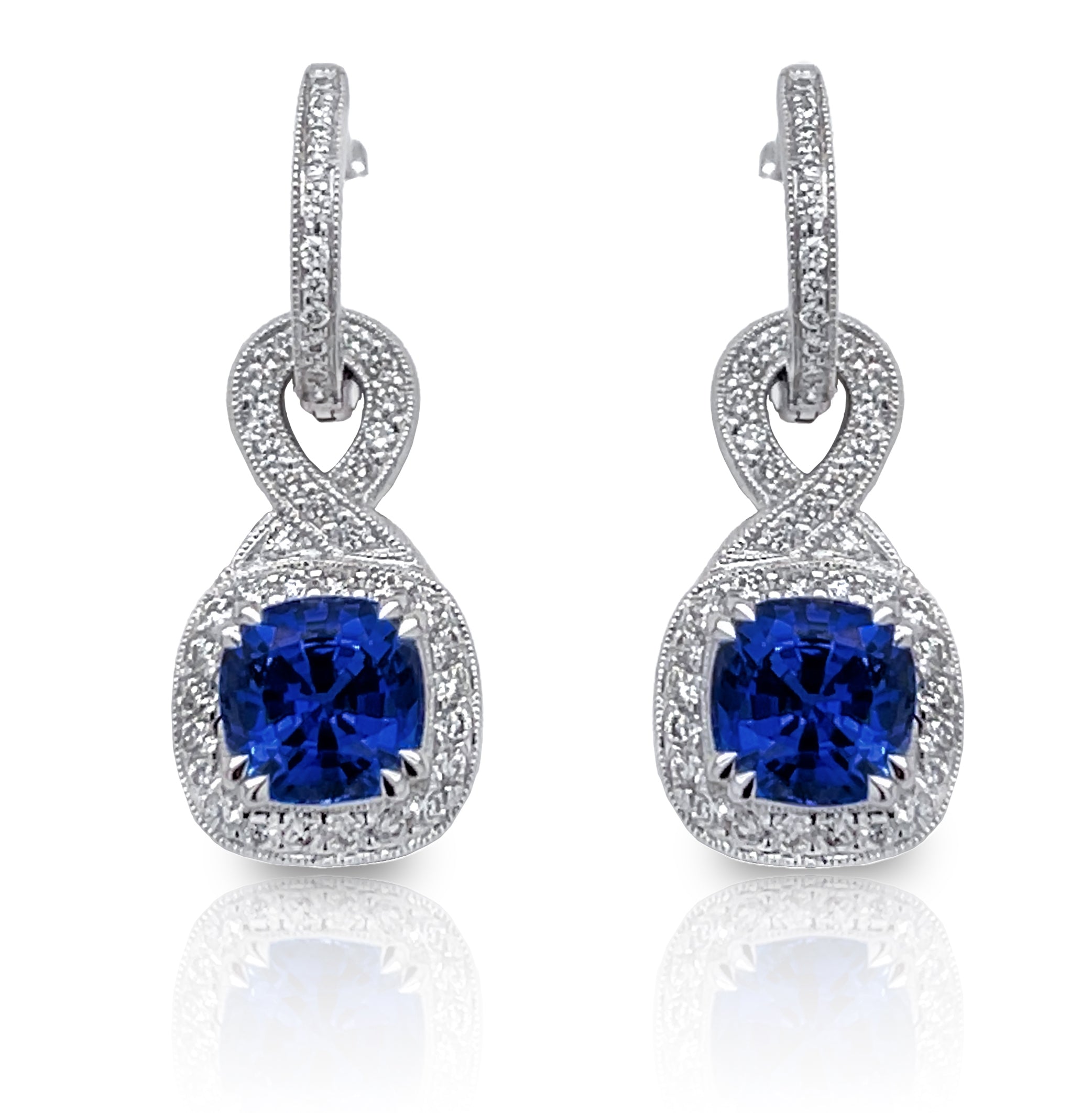 Blue Sapphire and Diamond Double Segment Dangle Huggie Earrings by Jolie Designs