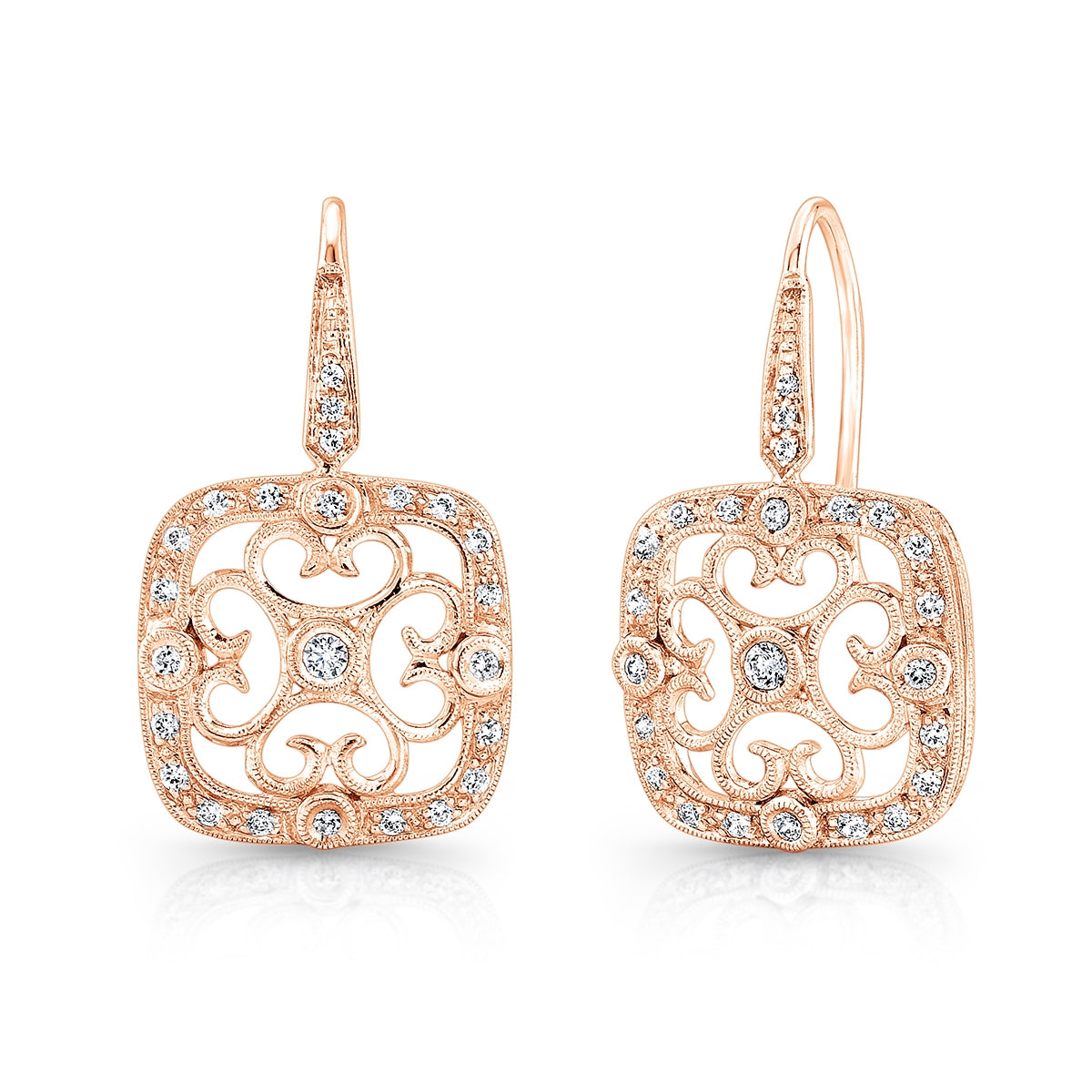 Mill Grained Diamond Fish Tail Dangle Earrings in Gold or Platinum by Jolie Designs