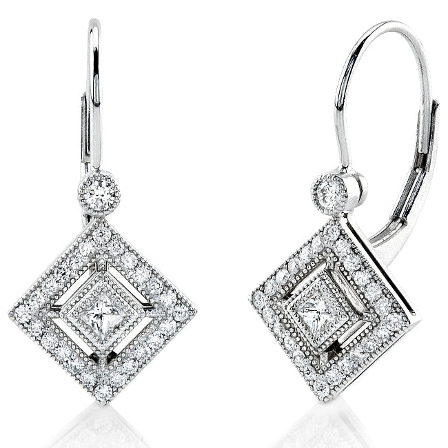 Princess Cut and Round Diamond Lever Back Earrings by Jolie Designs