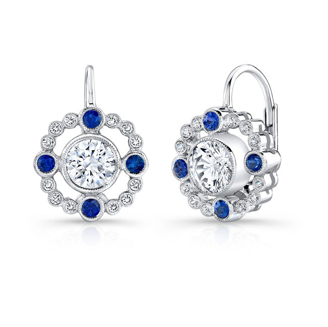 Bezel Set Blue Sapphire and Diamond Lever Back Earrings in 14k White Gold by Jolie Designs