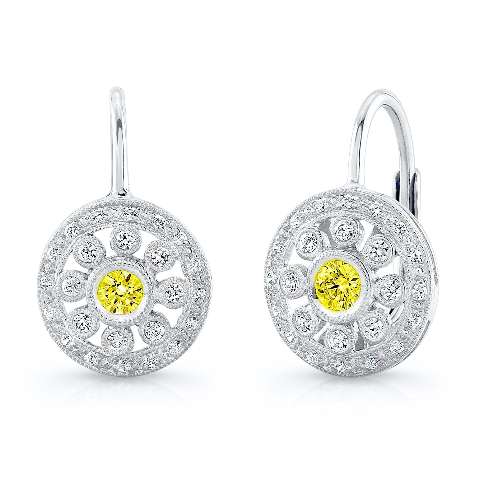 Diamond and Yellow Sapphire Lever Back Earrings by Jolie Designs