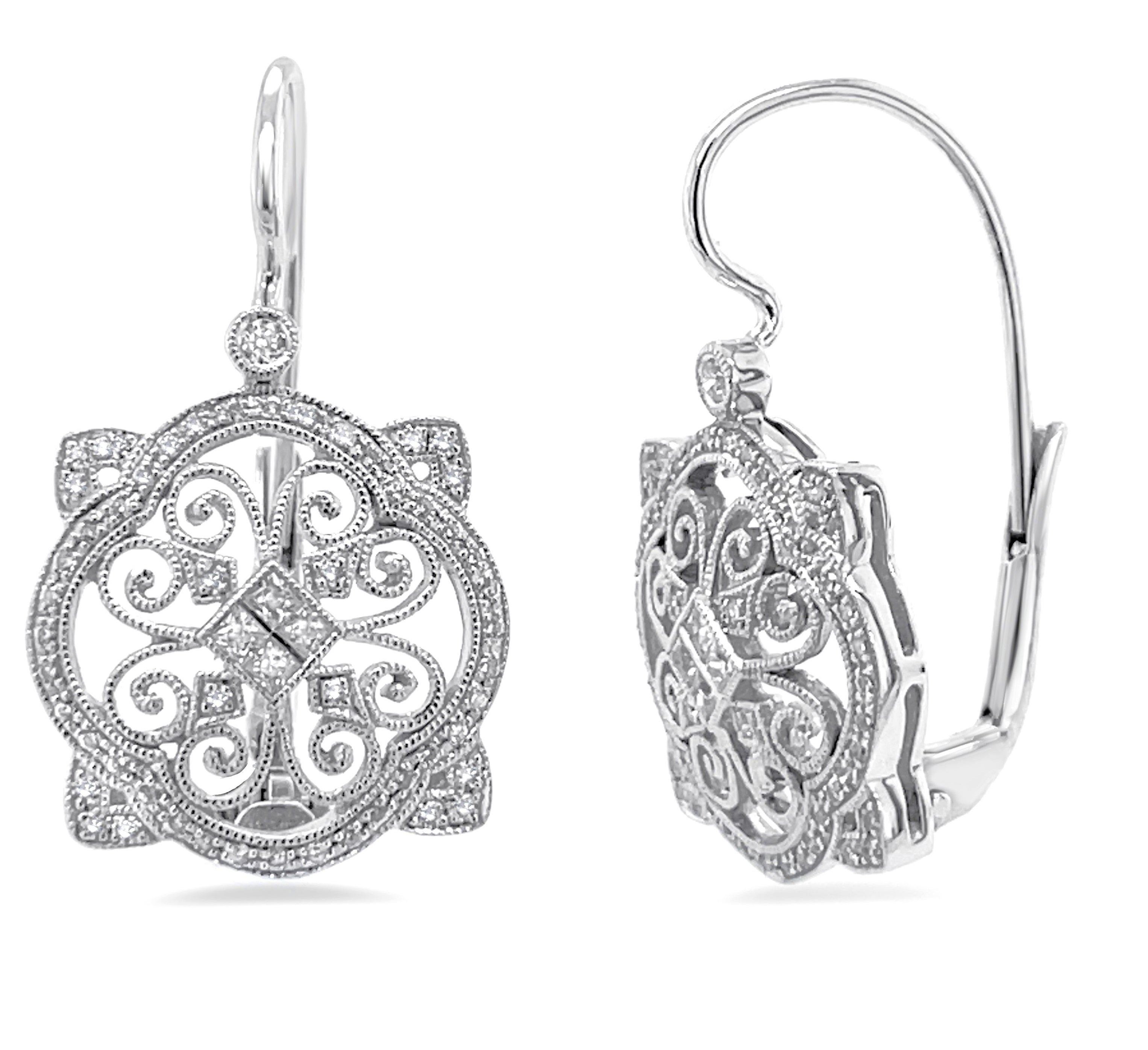 Filigree Vintage Inspired Lever Back Diamond Earrings by Jolie Designs