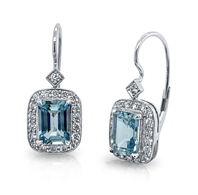 Mill Grained Emerald Cut Aquamarine and Diamond Halo Lever Back Earrings by Jolie Designs