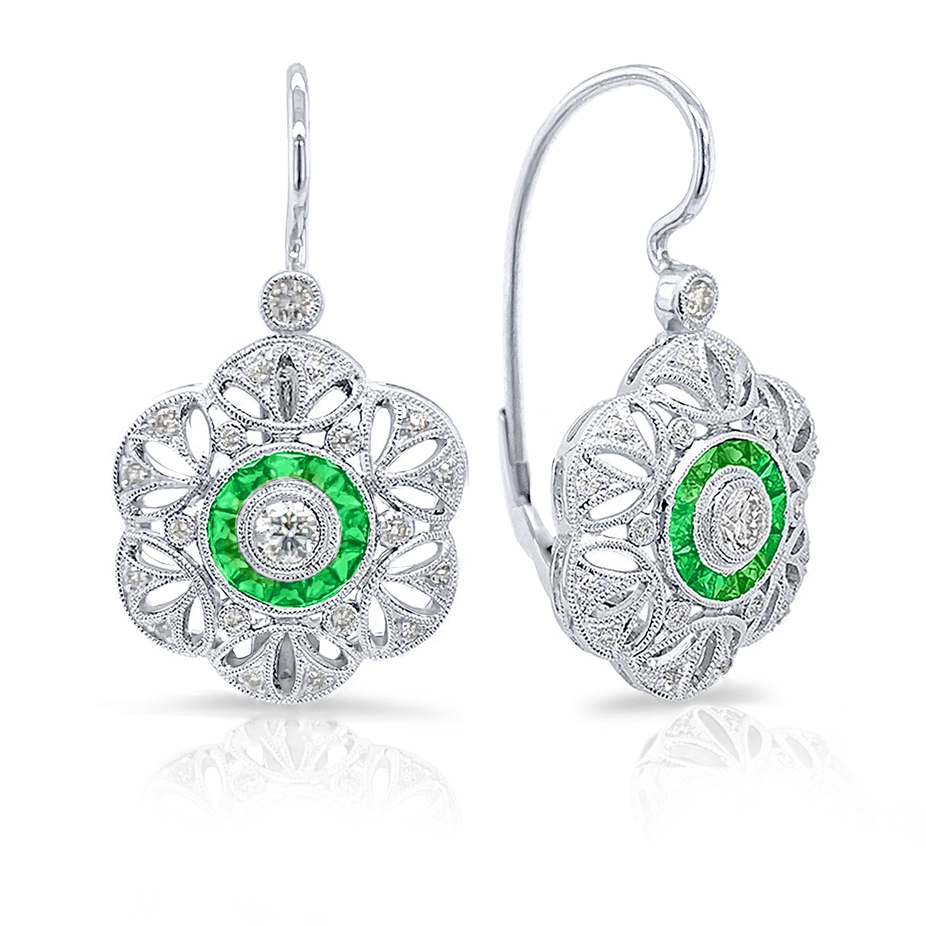 Bezel Set Diamond with Custom Cut Emerald Halo Lever Back Earrings by Jolie Designs