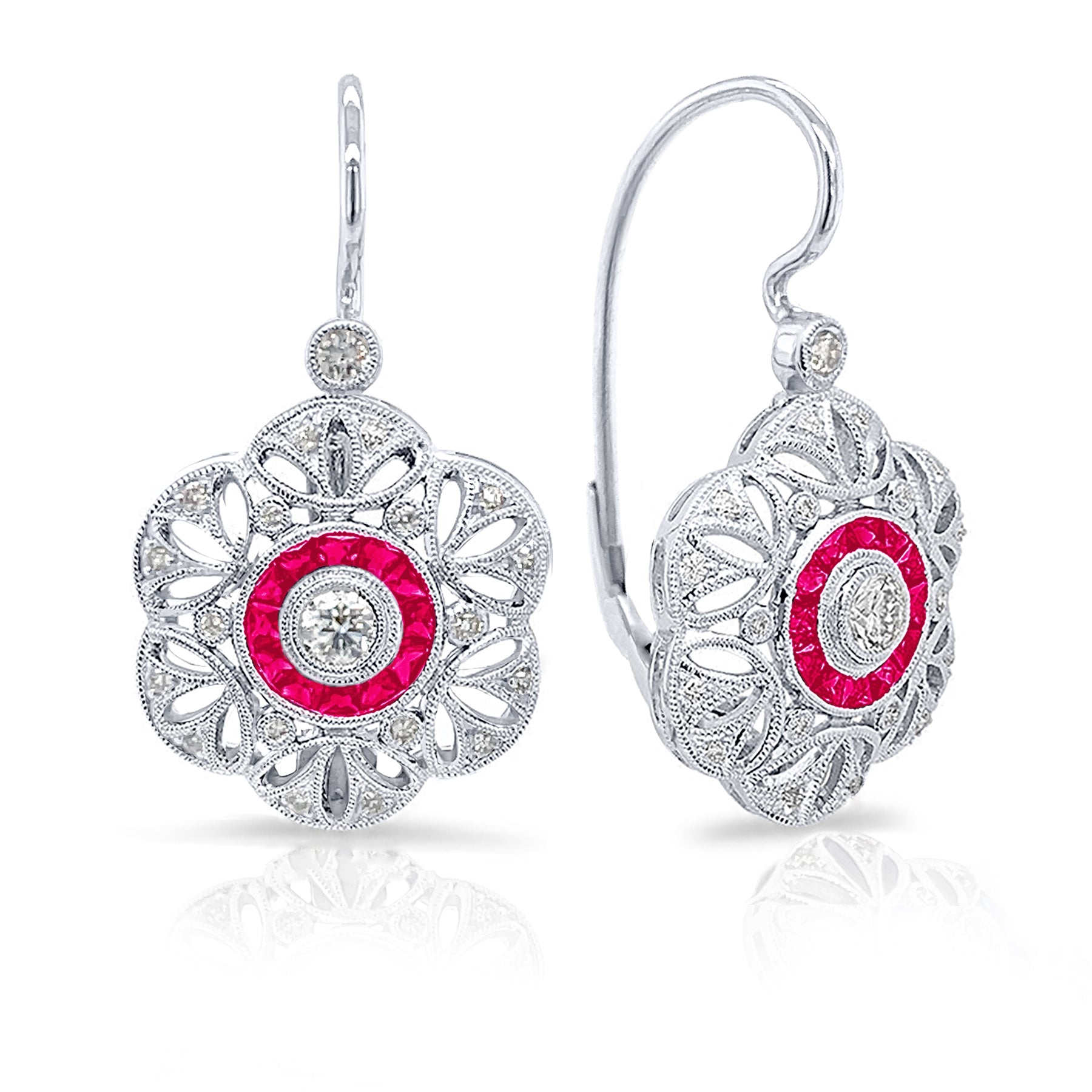 Bezel Set Diamond Center and Custom Cut Ruby Halo Lever Back Earrings by Jolie Designs