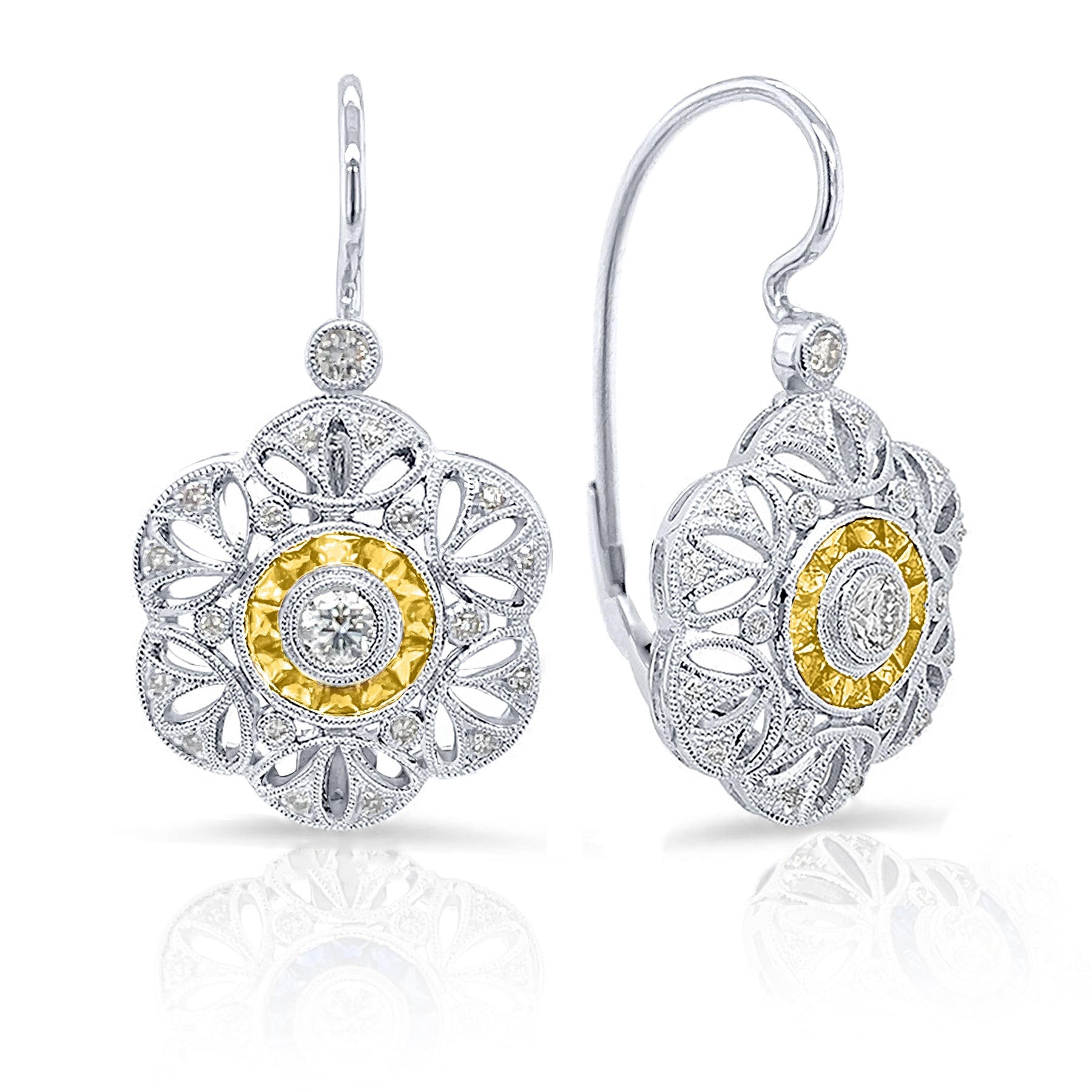 Bezel Set Diamond and Custom Cut Yellow Sapphire Halo Lever Back Earrings by Jolie Designs