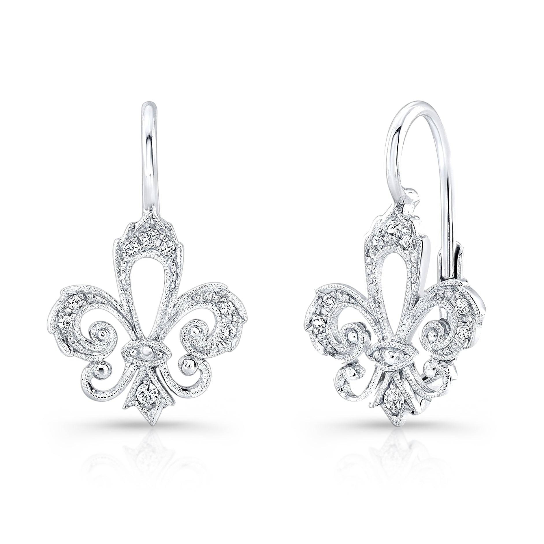 Jolie Designs Mill Grained Diamond Fleur De Li Lever Back Earrings - ELV200D