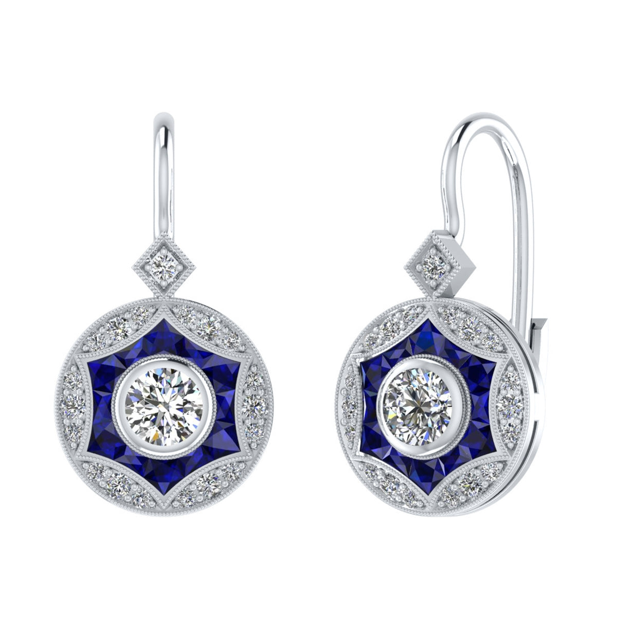 Bezel Set Blue Sapphire and Diamond Lever Back Earrings by Jolie Designs