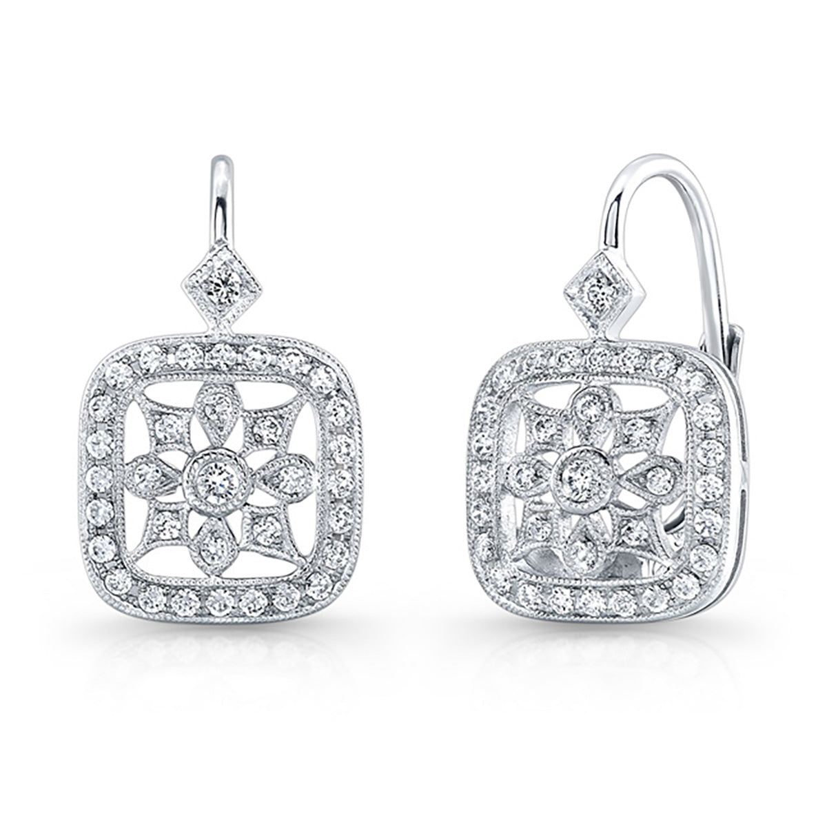 Mill Grained Diamond Lever Back Earrings in Gold and Platinum by Jolie Designs