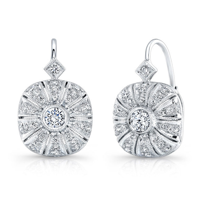 Cushion-Shaped Milgrain Round Diamond Lever-Back Earrings in Gold or Platinum by Jolie Designs