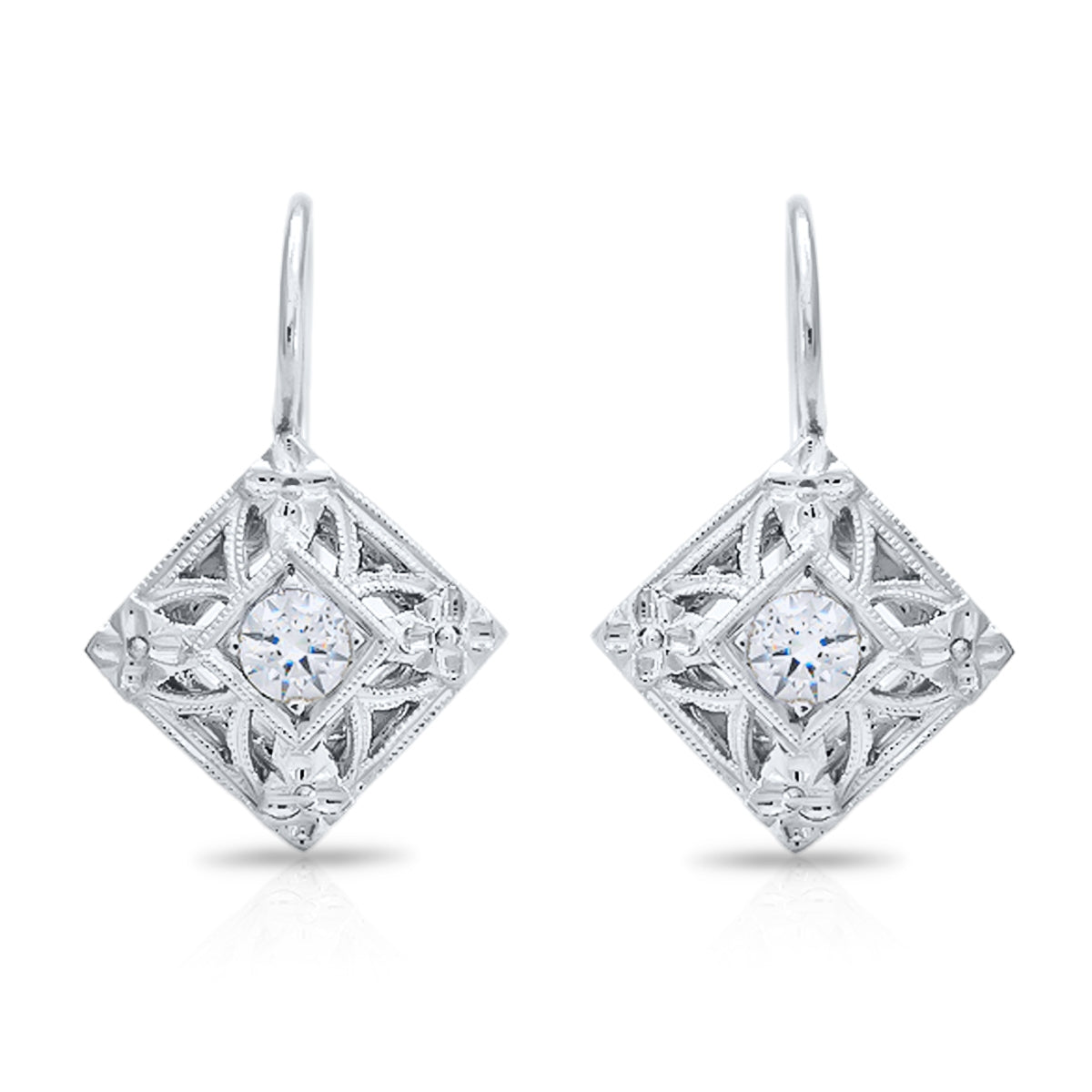 Vintage Square Diamond Leverback Earrings with Floral Design by Jolie Designs