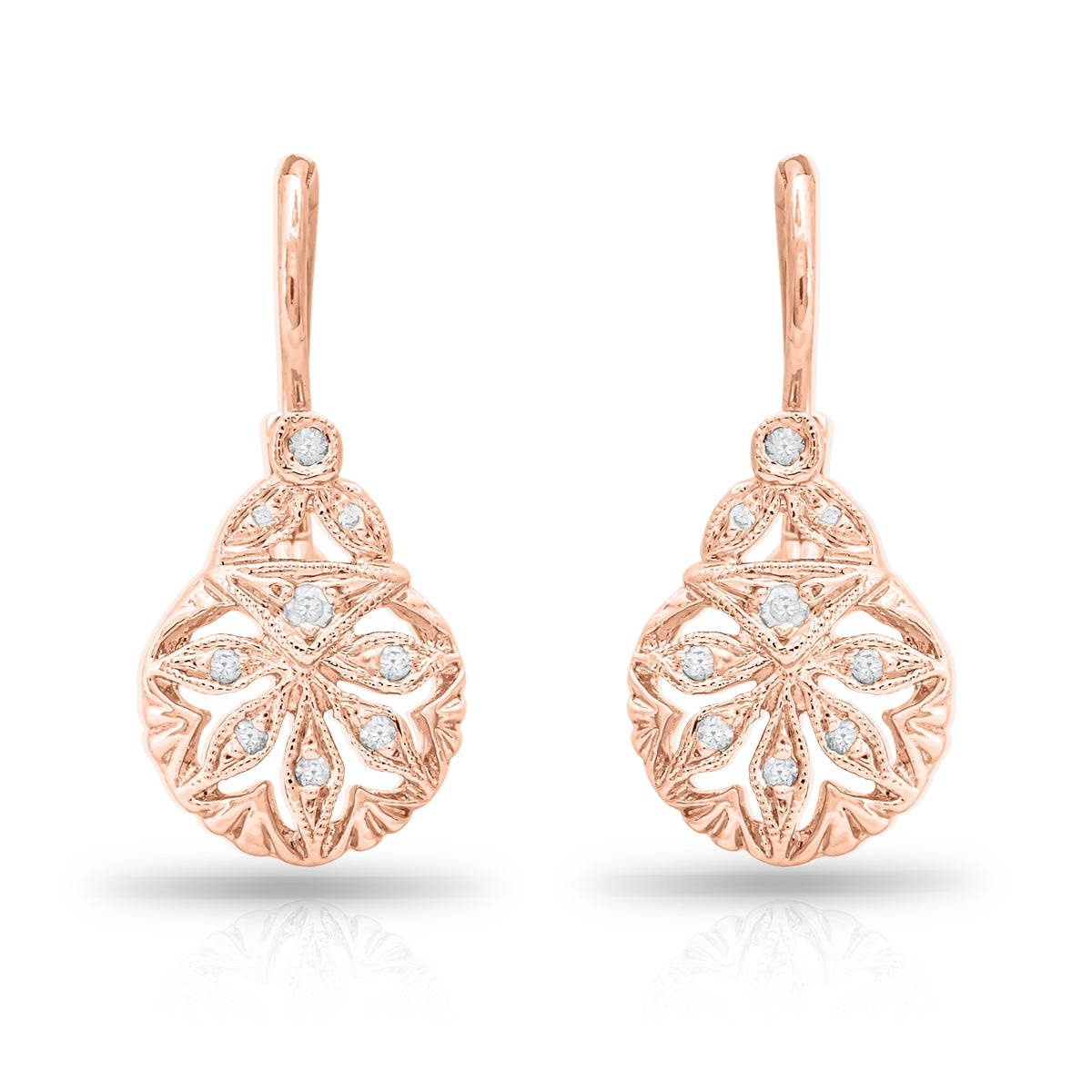 Vintage Round Diamond Ornament Earrings with Milgrain Detail by Jolie Designs