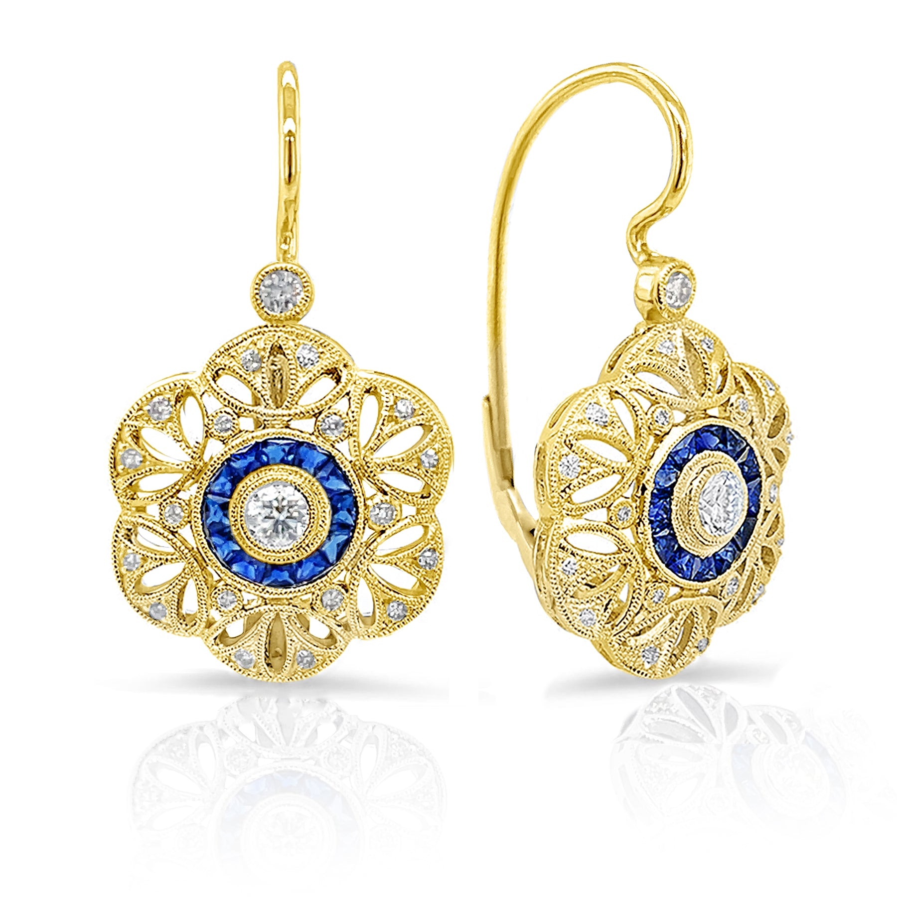 Jolie Designs Bezel Set Diamond and Blue Sapphire Lever Back Earrings - ELV1761DS