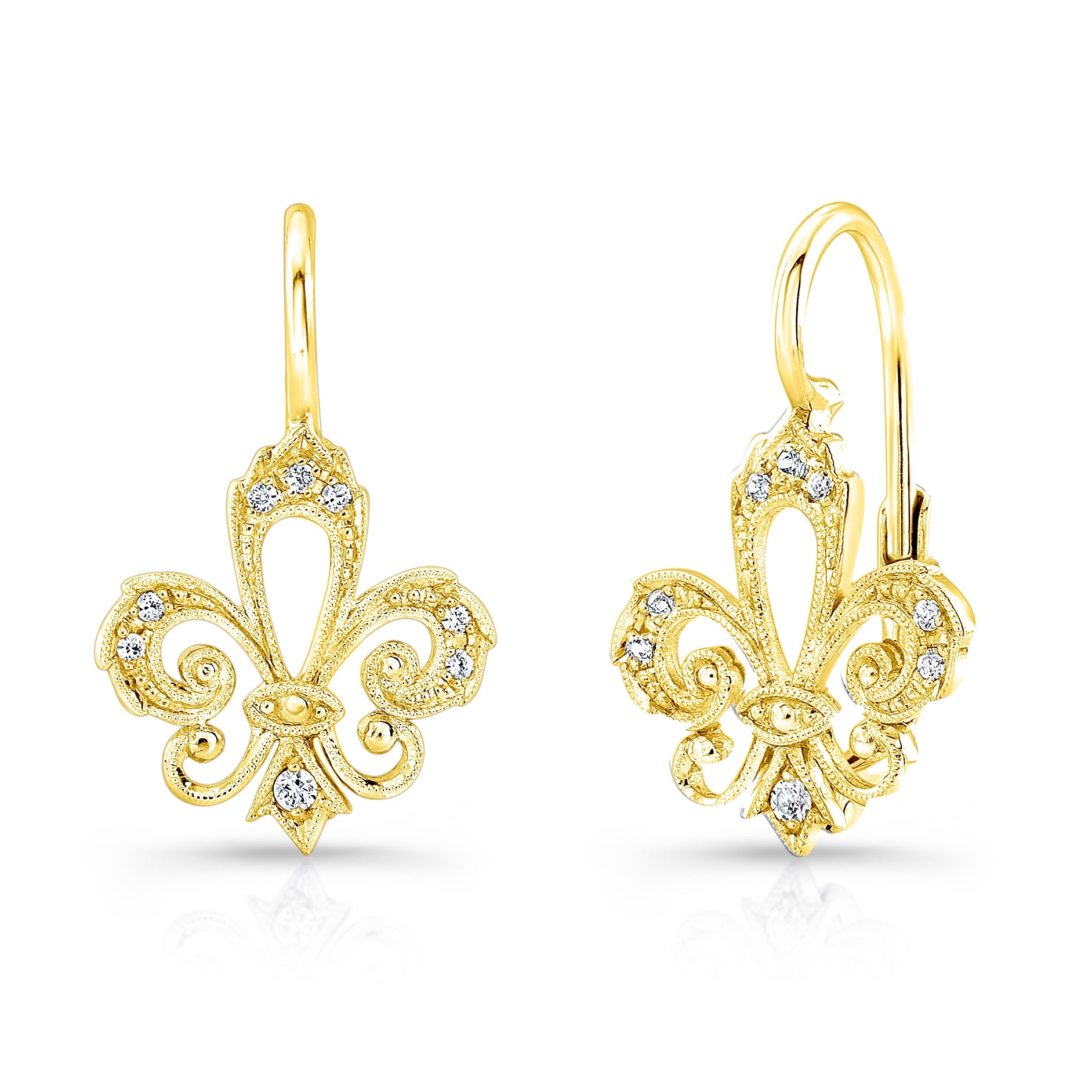 Jolie Designs Mill Grained Diamond Fleur De Li Lever Back Earrings - ELV200D