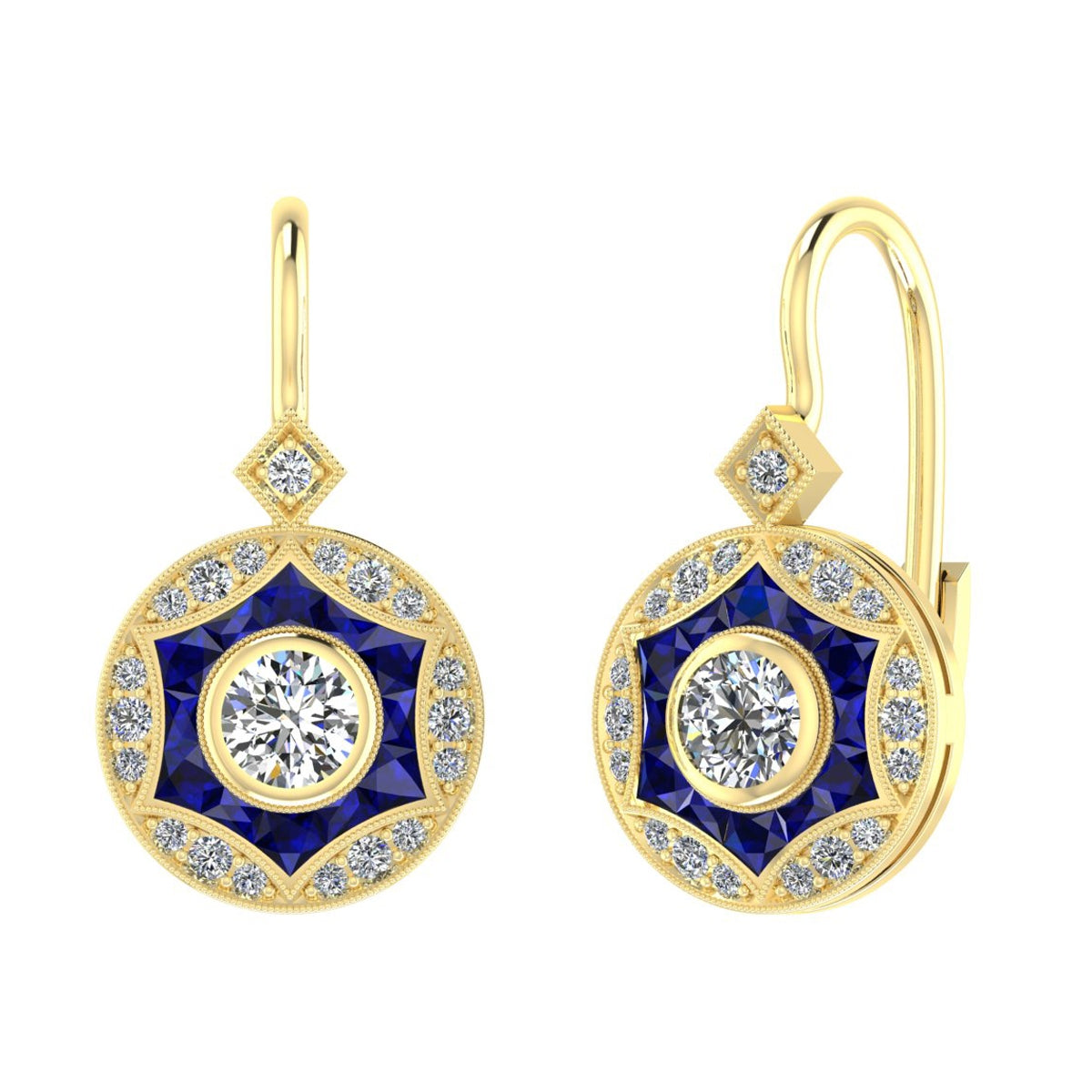 Bezel Set Blue Sapphire and Diamond Lever Back Earrings by Jolie Designs