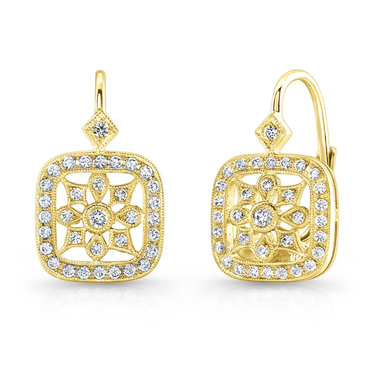 Mill Grained Diamond Lever Back Earrings in Gold and Platinum by Jolie Designs