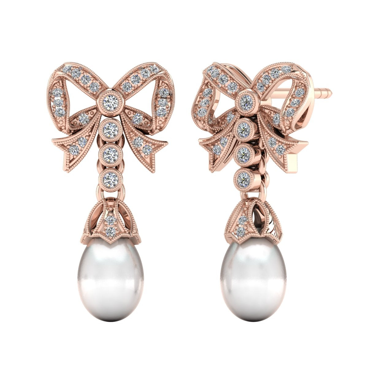 Diamond Bows and Pearl Post Earrings in 18k Rose Gold | Jolie Designs