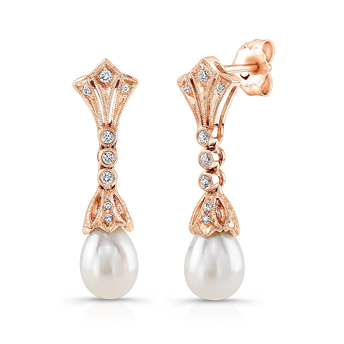 Bezel Diamond and Pearl Dangle Post Earrings in White Gold or Platinum by Jolie Designs
