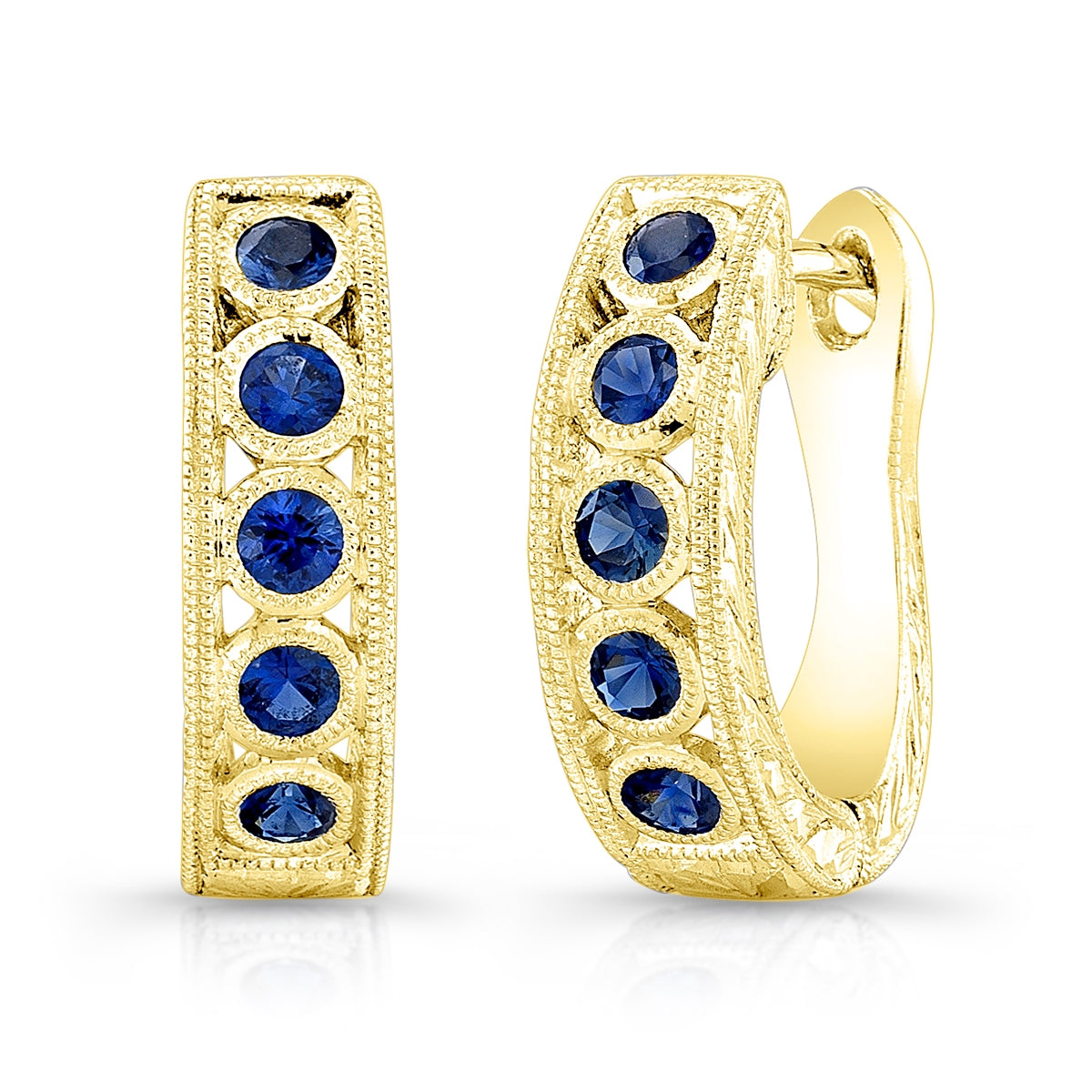 Antique Style Engraved Bezel Set Blue Sapphire Earrings by Jolie Designs