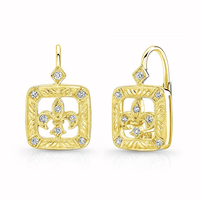 Jolie Designs Mill Grained Diamond Fleur De Li Lever Back Earrings - ELV9007D