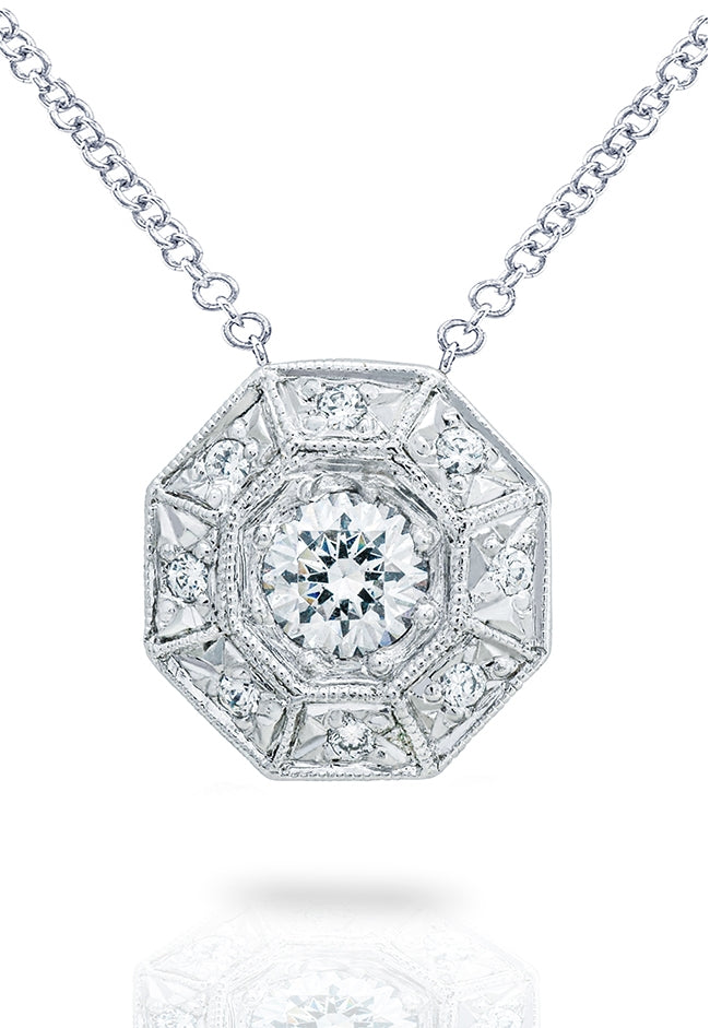 Customizable Octagon Halo Pendant with Milgrain and Optional Engraving by Jolie Designs