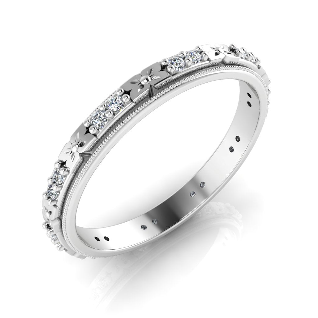 White Gold Decorative Flower Diamond Eternity Band with Milgrain Edge by Jolie Designs