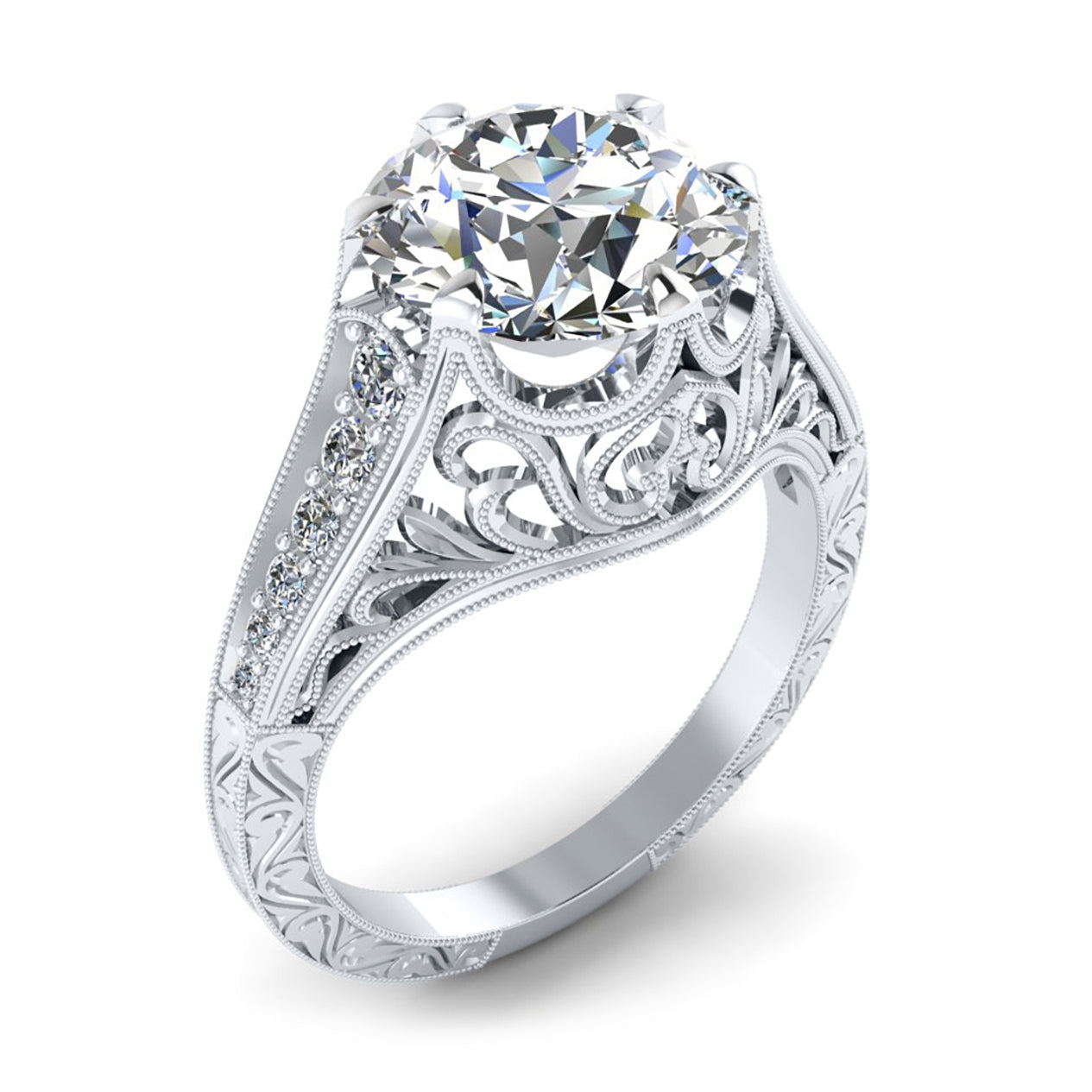 Gordon Clark Vintage Inspired Diamond Engagement Ring for 9mm Center by Jolie Designs