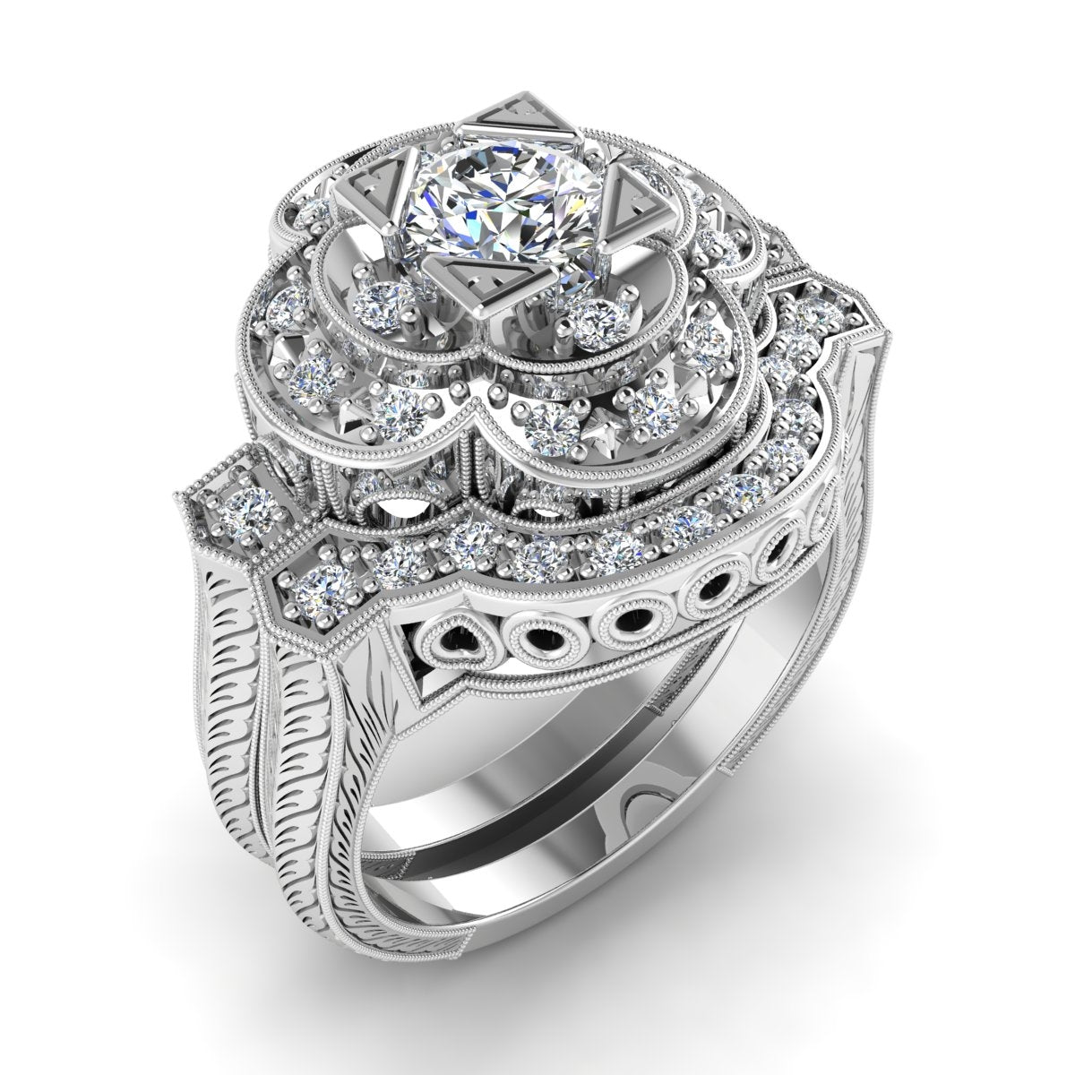 Gordon Clark Double Scalloped Engraved Diamond Engagement Ring with Milgrain